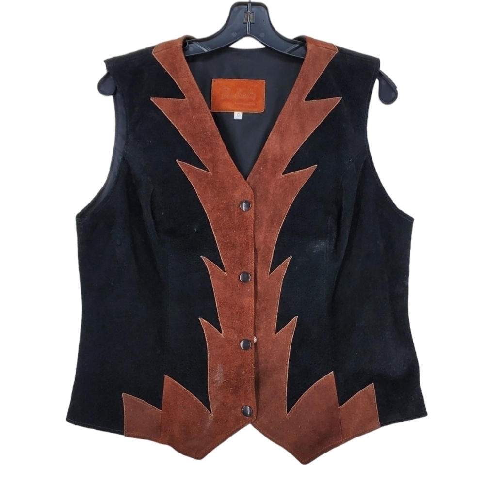 Vtg Ben Kalton Leather Suede Vest Ws L Black Brown Snap Up Western Cowgirl Biker